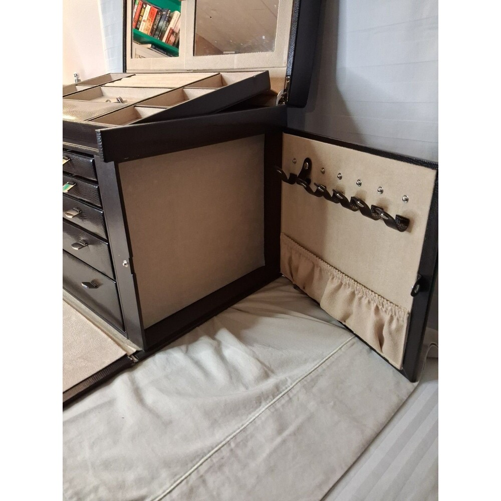Extra Large Jewelry Box PU Leather 6 Tier 5 Drawers Organizer with Mirror Black
